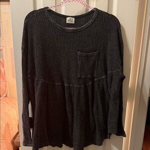 Waffle-Knit Long Sleeve Peplum Top - Black